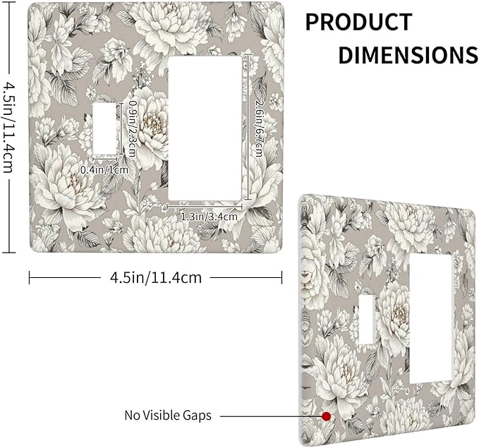 White Poppies Floral Modern Grey Peonies Flowers Outlet Covers 1 Toggle 1 Rocker Combination Light Switch Cover Plate Decorative Wall Plate Electrical Switch Plates for Bedroom Bathroom