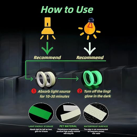 Glow in The Dark Tape 0.5Inch x 50FT - High Visibility Reflective Tape, Waterproof Adhesive Glow Tape for Stairs, Steps, Halloween DIY, Bikes, Cars, Safety Signs