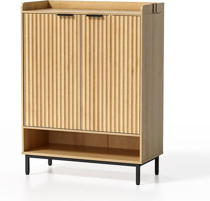 Fluted Shoe Cabinet with Doors, Large Wooden Shoe Storage Cabinet with Adjustable Shelves, Modern Tall Freestanding Shoe Rack Organizer for Entryway, Hallway Natural Oak