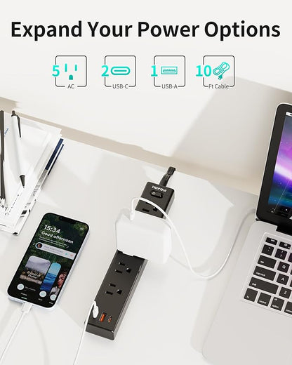 Power Strip Surge Protector, 10 Ft Ultra Flat Extension Cord, Surge Protector with 5 Outlets & 3 USB Ports (2 USB C), 1700 Joules, Wall Mount, Desktop Charging Station for Home Office, Black