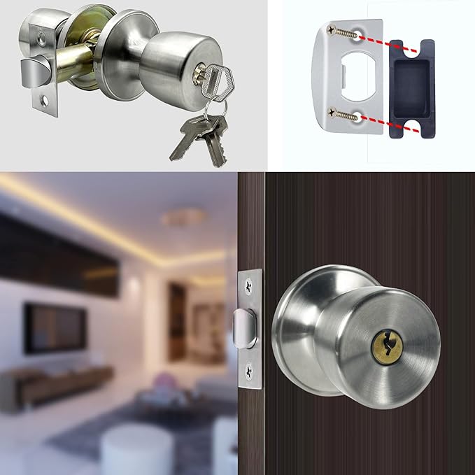 JO.KO Door Knob with Lock and Keyed, Satin Nickel Round Ball Lock Interior/Exterior Door Knob for Bedroom Or Bathroom (Stainless)