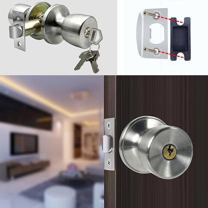 JO.KO Door Knob with Lock and Keyed, Satin Nickel Round Ball Lock Interior/Exterior Door Knob for Bedroom Or Bathroom (Stainless)