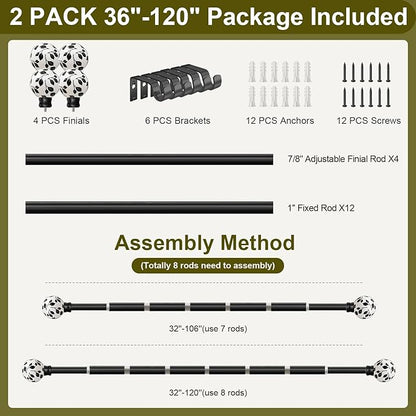 Ceramic Black Curtain Rods Set of 2 for Windows 66 to 120 Inches Adjustable Length Heavy Duty White Window Curtain Rod with Modern Leaf Pattern Decorative Finials for Bedroom Kitchen Living Room