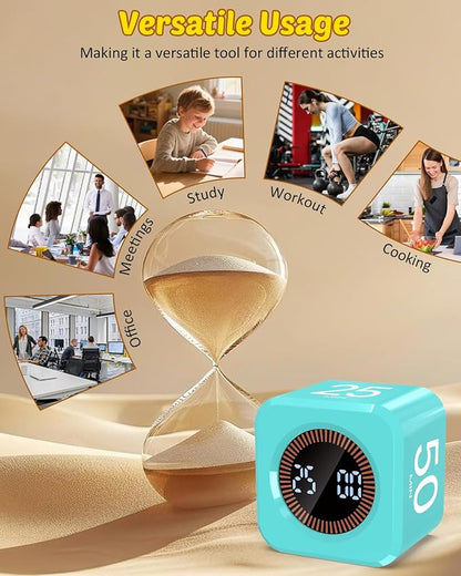 Pomodoro Timer Cube Visual Productivity Flip Timer for Kids Classroom Desk, 5/10/25/50min&Custom Countdown, Silent&Sound Mode Digital Cube for ADHD Study Work School Game Kitchen (Mint Green)