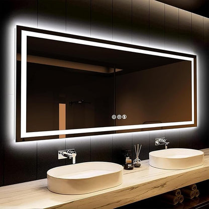 ROOMTEC 88 x 38 Inches LED Bathroom Mirror with Front and Backlit,Anti-Fog,3 Colors and Dimmable Light(Horizontal/Vertical), Silver
