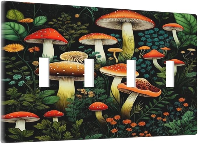 Decorative Light Switch Plate Covers Boho Red Mushroom Green Leaf Plants Floral 4 Gang Wall Plate Switch Cover Plate Quad Toggle Jumbo Electrical Faceplate for Bedroom Home Decor