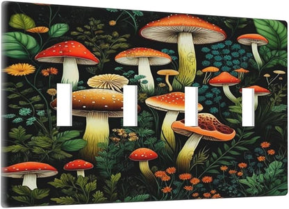 Decorative Light Switch Plate Covers Boho Red Mushroom Green Leaf Plants Floral 4 Gang Wall Plate Switch Cover Plate Quad Toggle Jumbo Electrical Faceplate for Bedroom Home Decor