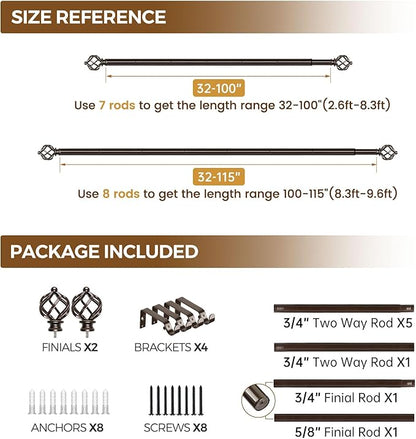 KAMANINA Curtain Rods for Windows 66 to 120 Inch, 3/4 Inch Bronze Curtain Rod 32 to 115 Inches (2.6-9.6ft) Splicing Adjustable Single Drapery Rod with Twisted Cage Finial