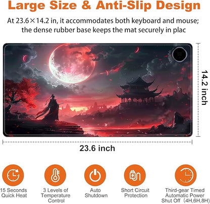 Small Heated Desk Pad 23.6" x 14.2" – Compact Electric Mouse Pad with 3 Heating Levels, Auto Shut-Off, Waterproof PU Surface, Plug-in Warmer for Office or Home Use, Bloody Moonlight