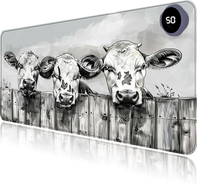Heated Mouse Pad with 3 Levels Heated & 3 Hours Auto Shut-Off Mouse Pad for Warming Hands in Office Home, 31.5" x 13"Large Safe Desk Mat Hand Warmer，Three Lovely Cows