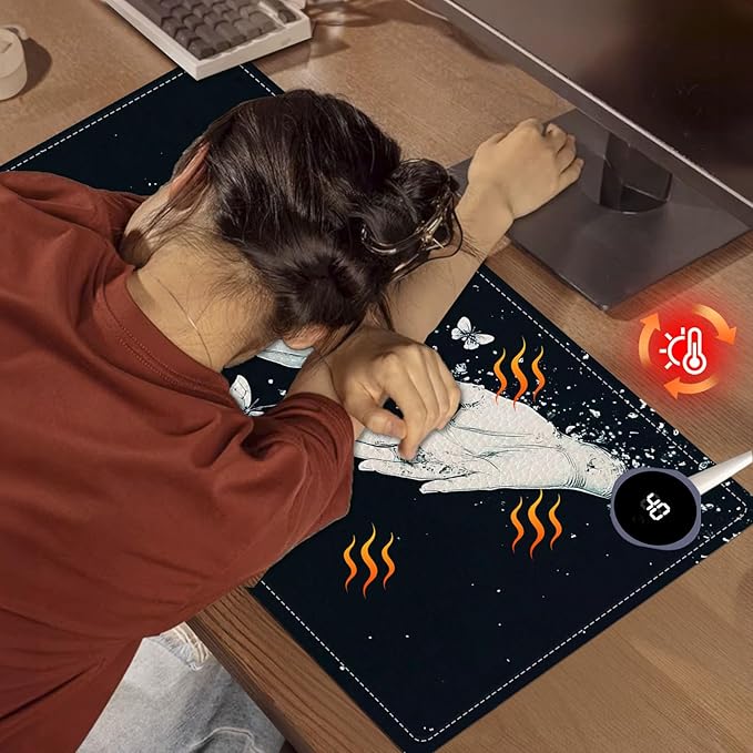 Heated Mouse Pad 23.6 x 14 in 3-Temp Fast Heating Desk Mat with Auto Timer Warmer for Hands Wrist Pain Relief Waterproof Keyboard Mat for Office, Gaming, Home, Butterfly Hands Art