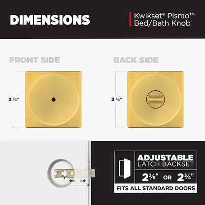 Kwikset Pismo Interior Privacy Door Knob with Lock, Door Handle for Bathroom and Bedroom, Satin Brass, Square, Keyless Turn Lock Doorknob, Microban Protection