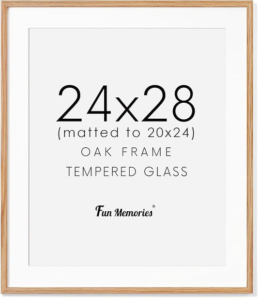 24x28 Picture Frame, Solid Oak Wood Frames 24 by 28, Rustic Wood Poster Frame 24"x28", 24x28 Frame with Mat for 20x24, 24 x 28 Frame with Tempered Real Glass (Natural Oak Color, 1 Pack)