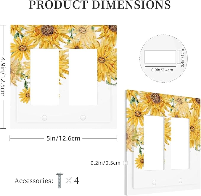 Sunflower Yellow Flowers Floral Decorative Outlet Covers 2 Gang Double GFCI Rocker Electrical Wall Panels Light Switch Cover Plate for Bed Room Living Room Decor