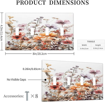 Boho Nursery Wildflower Flora Vintage Flower Light Switch Covers Quad Toggle Electrical Faceplate 4 Gang Wall Plate Decorative Switch Plates Cover for Bedroom Living Room Decor