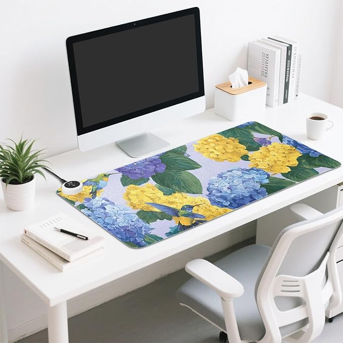 Heated Desk Pad Mouse Pad 31.5x13 Inch PU Leather Desk Mat with 3 Heat Levels Large Mouse Gaming Computer Laptop Mat Blue Hydrangeas Hummingbirds