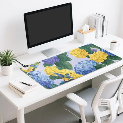 Heated Desk Pad Mouse Pad 31.5x13 Inch PU Leather Desk Mat with 3 Heat Levels Large Mouse Gaming Computer Laptop Mat Blue Hydrangeas Hummingbirds