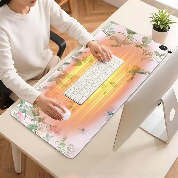 Heated Desk Pad Mouse Pad 31.5x13 Inch PU Leather Desk Mat with 3 Heat Levels Large Mouse Gaming Computer Laptop Mat Pink Spring Rose and Dragonfly Butterfly
