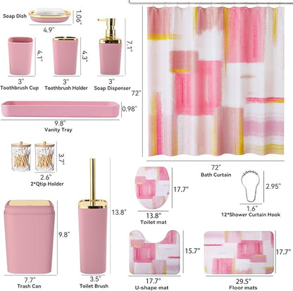 Bathroom Accessories Set - 25PC Bathroom Set with Shower Curtain and Rugs, Pink Bathroom Set, Bathroom Accessory Set with Press-on Lid Trash Can, Soap Dispenser and Qtip Holders