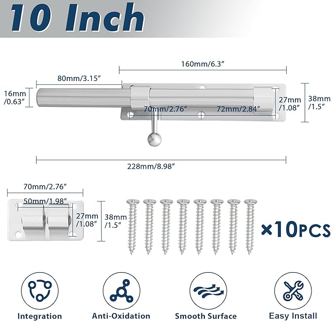 Alise 10 inch Barrel Bolt Latch, Slide Bolt Latch,Heavy Duty Solid SUS304 Stainless Steel Slide Lock for Wooden Fence,Barn Door,Interior or Outdoor Door Brushed Nickel MS9200-LS