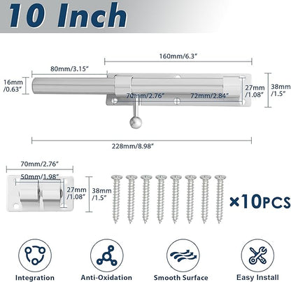 Alise 10 inch Barrel Bolt Latch, Slide Bolt Latch,Heavy Duty Solid SUS304 Stainless Steel Slide Lock for Wooden Fence,Barn Door,Interior or Outdoor Door Brushed Nickel MS9200-LS