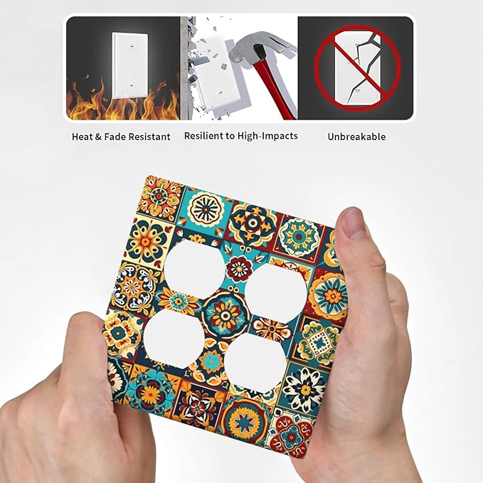 Mexican Talavera Ceramic Tile Moroccan Boho Outlet Covers 2 Gang Double Duplex Decorative Light Switch Covers Electrical Wallplates Socket Faceplate for Bathroom Kitchen Decor