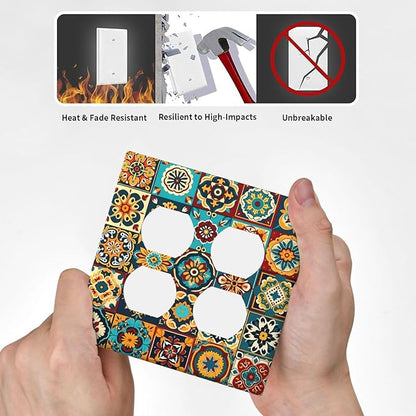 Mexican Talavera Ceramic Tile Moroccan Boho Outlet Covers 2 Gang Double Duplex Decorative Light Switch Covers Electrical Wallplates Socket Faceplate for Bathroom Kitchen Decor