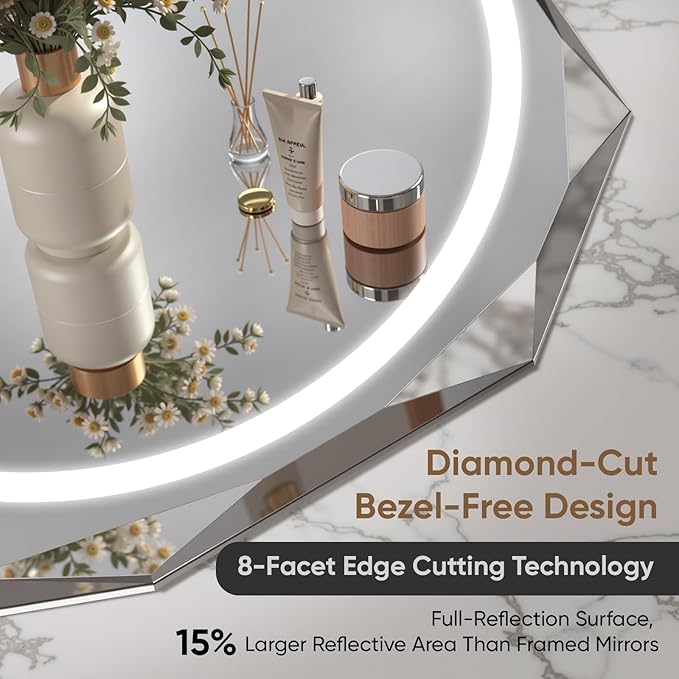 24 Inch Round LED Bathroom Mirror with Lights, Frameless Vanity LED Mirror for Bathroom with Beveled Edge, Backlit Anti-Fog, Dimmable, 3 Colors, Memory Function, Tempered Glass, Shatter-Proof