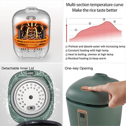 CHACEEF Mini Rice Cooker 2 Cups Uncooked, 1.2L Rice Cooker Small, Portable Non-Stick Small Travel Rice Maker, BPA Free, Smart Control Multifunction Cooker with 24 Hours Timer Delay & Keep Warm Function, Green
