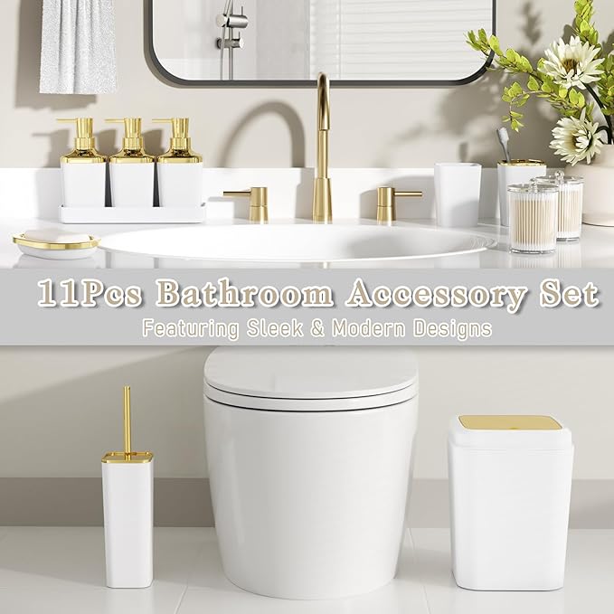 Bathroom Accessory Set, 11PC Bathroom Set, White Bathroom Accessories, Bathroom Accessories Set with Trash Can, 3PC Soap Dispensers and Toilet Brush