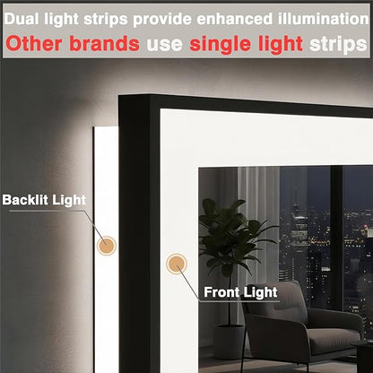 40x32 LED Bathroom Mirrors for Wall -Black Aluminum Framed (Front and Backlit), Anti-Fog Vanity Mirror With Lights,Stepless Dimmable Lighted Mirror,3 Colors Smart Mirror(Horizontal/Vertical)