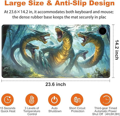 Small Heated Desk Pad 23.6" x 14.2" – Compact Electric Mouse Pad with 3 Heating Levels, Auto Shut-Off, Waterproof PU Surface, Plug-in Warmer for Office or Home Use, Serpent Beast