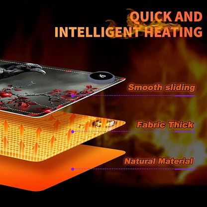 Heated Mouse Pad 23.6 x 14 in 3-Temp Fast Heating Desk Mat with Auto Timer Warmer for Hands Wrist Pain Relief Waterproof Keyboard Mat for Office, Gaming, Home, Raven Red Berries