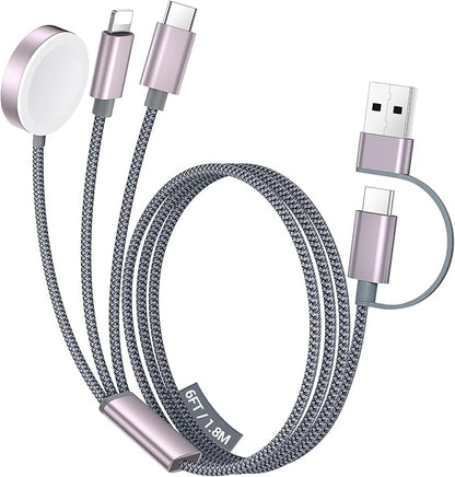 Temdan for Travel Vacation Essentials,3 in 2 USB C Cable for Apple Watch Charger/iPhone 17 Charger/Lightning,Multi Charging Cable Cord,Camping Essentials,Portable Designed for iWatch &iPhone 16-12-6FT