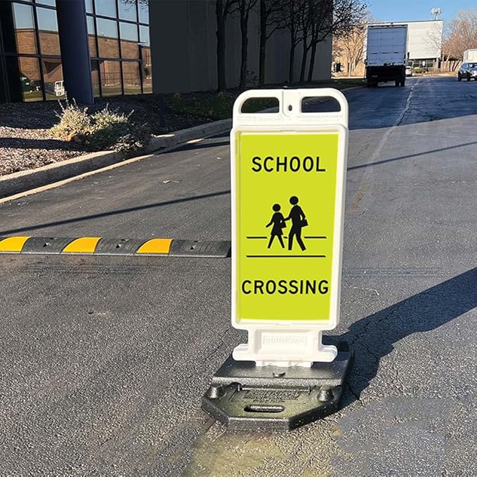 Plasticade Crosscade Crosswalk Sign, 24" Vertical Panel with 12x24 School Crossing Sign, Impact-Resistant Rubber Base, and Diamond Grade Reflective Background