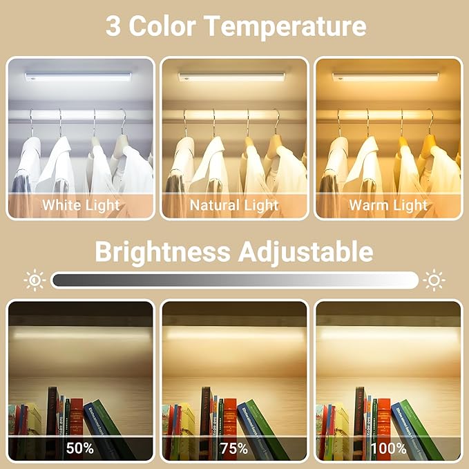 Under Cabinet Lights, Motion Sensor Magnetic LED Light, 8 inch 1000mAh Rechargeable Battery Dimmable Lights with 3 Color Temps, Indoor Wireless Lighting for Kitchen, Closet, Pantry, Counter, 2 Pack