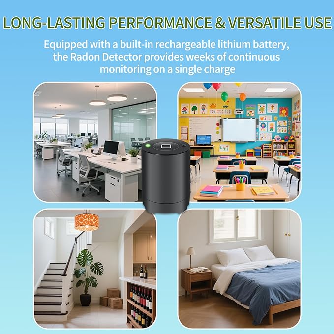 Bluetooth Radon Detector for Home, High-Precision Sensor, Real-Time Radon Gas Monitoring, Short & Long-Term Data with Trend Charts, App Control, Rechargeable Battery, LED Alerts