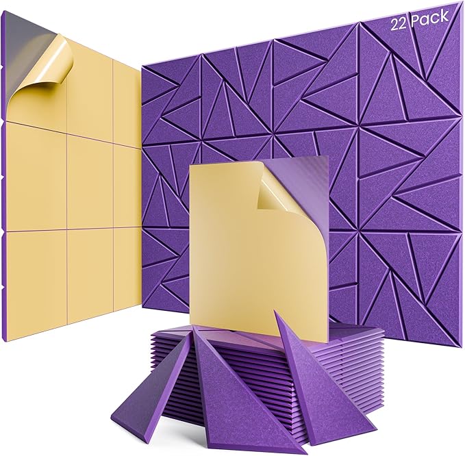 22 pack Acoustic Panels With Self-Adhesive, 12"X 12"X 0.4"Sound Proof Foam Panels, Sound Panels High Density, Soundproof Wall Panels for Home Studio Office Purple