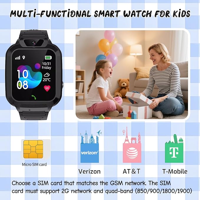 2G Kids Smart Watch, SOS Emergency Call, Video Calling, Waterproof Activity Tracker for 3-12 Years Girls/Boys - Birthday Gift Idea