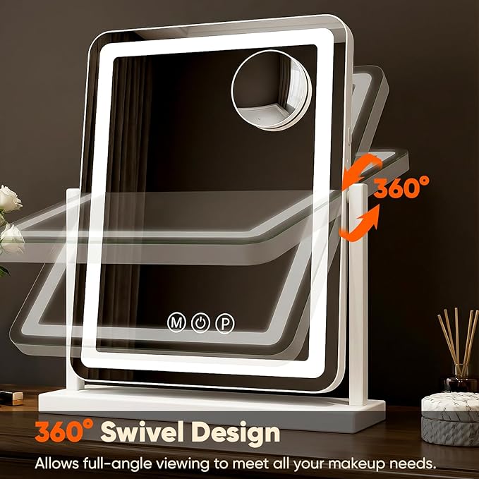 Antok Vanity Mirror with Lights, 13"X18" Lighted Makeup Mirror, Smart Touch, 3 Color Modes and Brightness Adjustable, LED Vanity Mirror with Detachable 10X Magnification, 360° Rotation for Makeup Desk