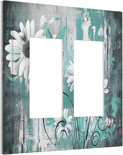 Decorative Outlet Covers Teal Daisy Floral Vintage Wood Plank 2 Gang Double Gfci Rocker Electrical Wall Panels Light Switch Cover Plate For Farmhouse Cabin Decor