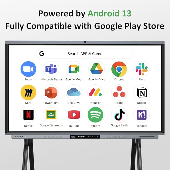Shiarffe R9 Smart Board with Stand 4K Interactive Whiteboard EDLA-Certified All-in-One Touchscreen Digital Display Built-in 50MP AI Camera Mics and 60W Speaker for Classrom Hybrid Work