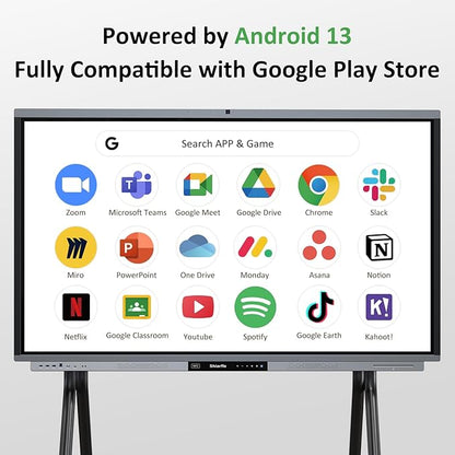 Shiarffe R9 Smart Board with Stand 4K Interactive Whiteboard EDLA-Certified All-in-One Touchscreen Digital Display Built-in 50MP AI Camera Mics and 60W Speaker for Classrom Hybrid Work