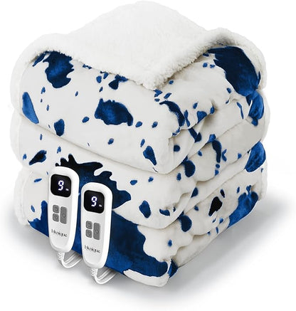 Cow Print Heated Electric Blanket King Size-Dual Control Heating Blanket King Size with 10 Heat Levels & 10 Hours Auto-Off, Cozy Soft Fleece Sherpa, Washable, 90x100 Inche Cow Print Blue