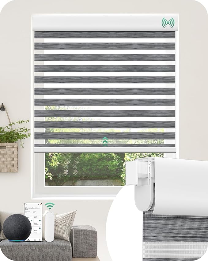 Allesin No Drill Motorized Zebra Blinds – Rechargeable Smart Dual Layer Shades with Cassette Cover, Ultra-Quiet Motor, Automatic Blind with Remote for Indoor Windows (Rock Gray 35.5" W x 72" H)