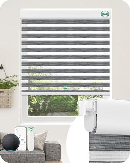 Allesin No Drill Motorized Zebra Blinds – Rechargeable Smart Dual Layer Shades with Cassette Cover, Ultra-Quiet Motor, Automatic Blind with Remote for Indoor Windows (Rock Gray 28" W x 72" H)