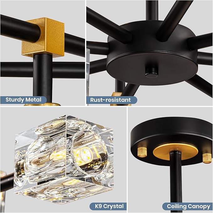 Sputnik Chandeliers with16-Light,Modern Black and Gold Crystal Chandelier, Mid Century Ceiling Light Fixture for Dining Room, Kitchen Island,Foyer,Living Room,Bedroom