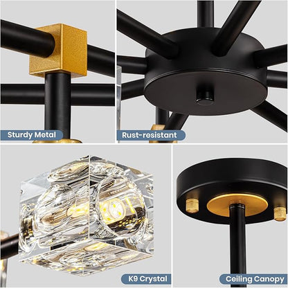 Sputnik Chandeliers with16-Light,Modern Black and Gold Crystal Chandelier, Mid Century Ceiling Light Fixture for Dining Room, Kitchen Island,Foyer,Living Room,Bedroom