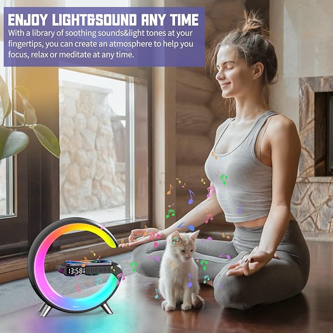 Smart LED Table Lamp, 4-in-1 Wireless Charger, Night Light, Alarm Clock, and Bluetooth Speaker with App Control for Bedroom, Office, and Home Decor (Black)
