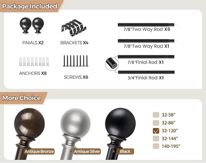 KAMANINA Black Curtain Rods for Windows 66 to 120 Inches (5.5-10ft), Long Heavy Duty Curtain Rod, 7/8 Inch Decorative Drapery Rod with Round Finials